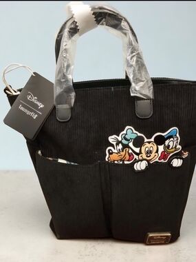 Disney Loungefly Black Corduroy Mickey & Friends Peeking Pocket Tote 15" X 13"